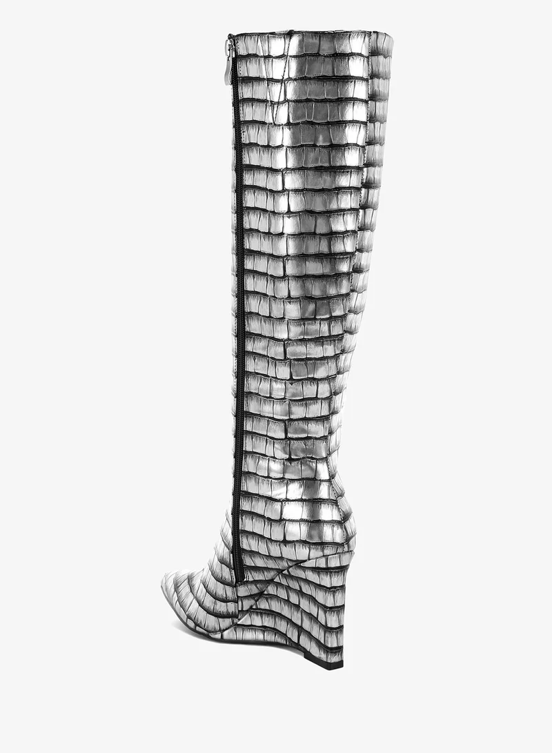 London Rag Croco Metallic Long Boots in Black Silver