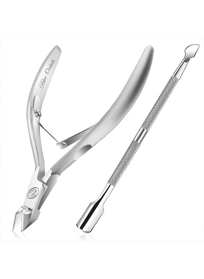 Blueorchids Cuticle Trimmer with Cuticle Pusher - Cuticle Remover Cuticle Nipper Professional Stainless Steel Cuticle Cutter Clipper Durable Pedicure Manicure Tools for Fingernails and Toenails - Half Jaw - Image 1