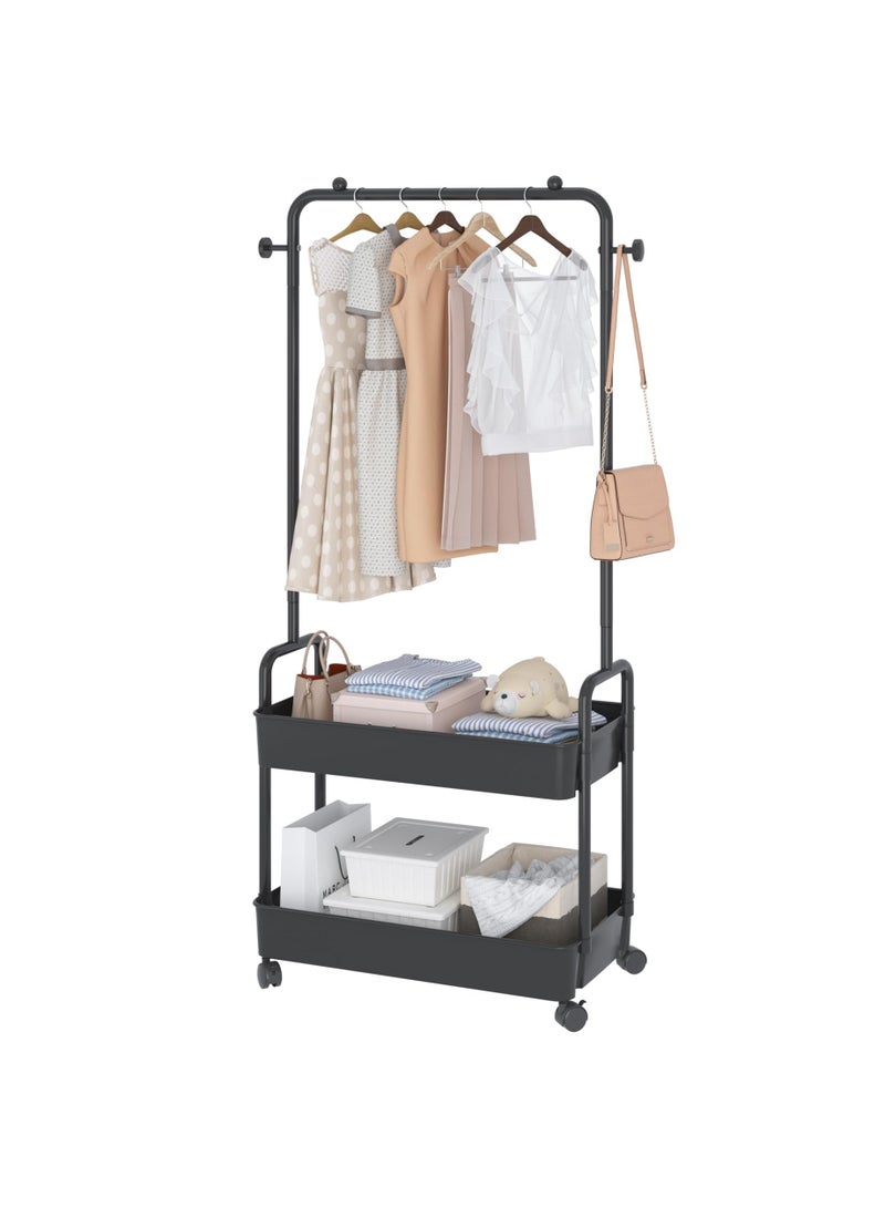 2-in 1 Garment Rack, Clothing Rack with 2 Tier Metal Basket, Rolling Storage Cart Clothes Organizer Coat Rack Storage Stand on Wheels, Clothes Rack,Heavy Duty Clothing Rack (Black)
