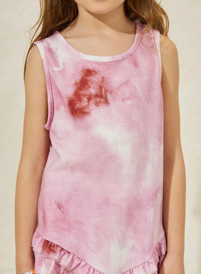 ستايلي Tie Dye Ruffle Hem Top & Wide Leg Pants Set