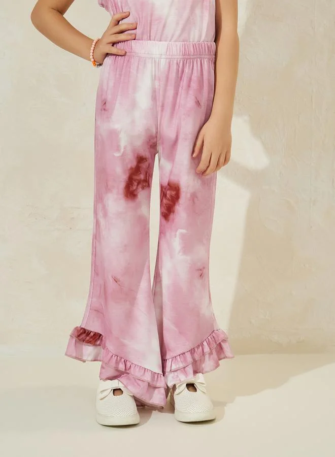 ستايلي Tie Dye Ruffle Hem Top & Wide Leg Pants Set