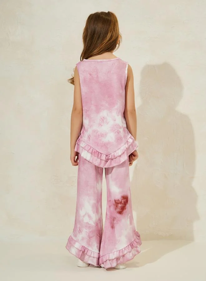 ستايلي Tie Dye Ruffle Hem Top & Wide Leg Pants Set