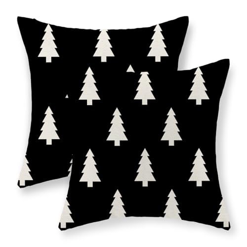 GOLIANDA Black and White Christmas Tree Pillow Covers 18x18 Set of 2 Christmas Decor Linen Pillowcase Geometric Christmas Throw Pillows Winter Farmhouse Holiday Decorations Cushion Covers for Couch Home - Image 1