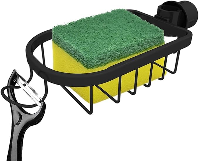 Brikipth Kitchen Stainless Steel Drain Rack, Kitchen Countertop Shelf, Pool Sink Sponge Wash Scrubber Storage Rack, Stainless Steel Rag Rack, Kitchen Shelf, Sink Drain Rack (Black) - Image 1