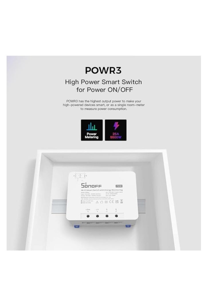 SONOFF - Sonoff Diy Powr3 Wi-Fi Smart Switch Energy Monitoring Wifi Or 433Mhz Rf Remote Control - Universal Diy Module For Smart Home - No Hub Required 【Compatible With Alexa & Google Home Assistant】【White】 - Image 1