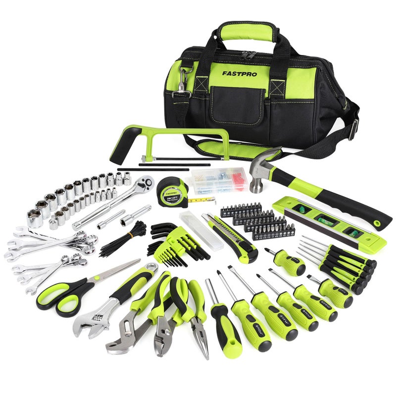 FASTPRO 267-Piece Home Tool Set, Household Repairing Tool Kit with 13-Inch Wide Mouth Open Tool Bag, Mechanics Hand Tool Kit for DIY, Home Maintenance, Green - Image 1