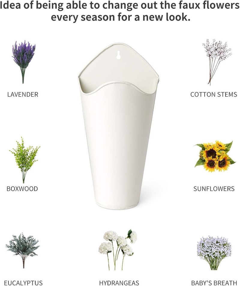 Mkono Galvanized Metal Wall Planter Farmhouse Wall Vase for Artificial Plants Flowers, Rustic Hanging Fake Flowers Holder Country Home Bedroom Living Room Decor Set of 2, White, Small - Image 4