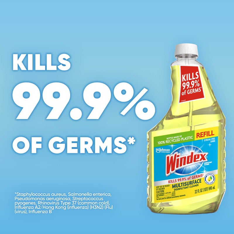 Windex Refill Multipurpose Disinfectant Cleaner Spray with Reusable Trigger, Bottle Made from 100% Recovered Coastal Plastic, Surface Cleaning Spray, Citrus Fresh Scent, 32 Fl Oz (Pack of 3) - Image 3
