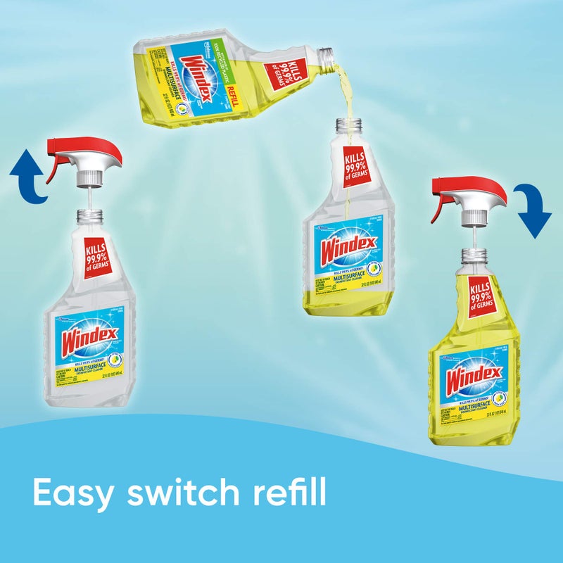 Windex Refill Multipurpose Disinfectant Cleaner Spray with Reusable Trigger, Bottle Made from 100% Recovered Coastal Plastic, Surface Cleaning Spray, Citrus Fresh Scent, 32 Fl Oz (Pack of 3) - Image 5