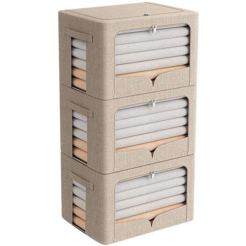 FHSQX 3 Pack Clothes Storage Bins Foldable Metal Frame Storage Box Stackable Linen Fabric Organizer Set with Carrying Handles and Clear Window (Beige, 15.7x11.8x11.8inch(36L)) - Image 1