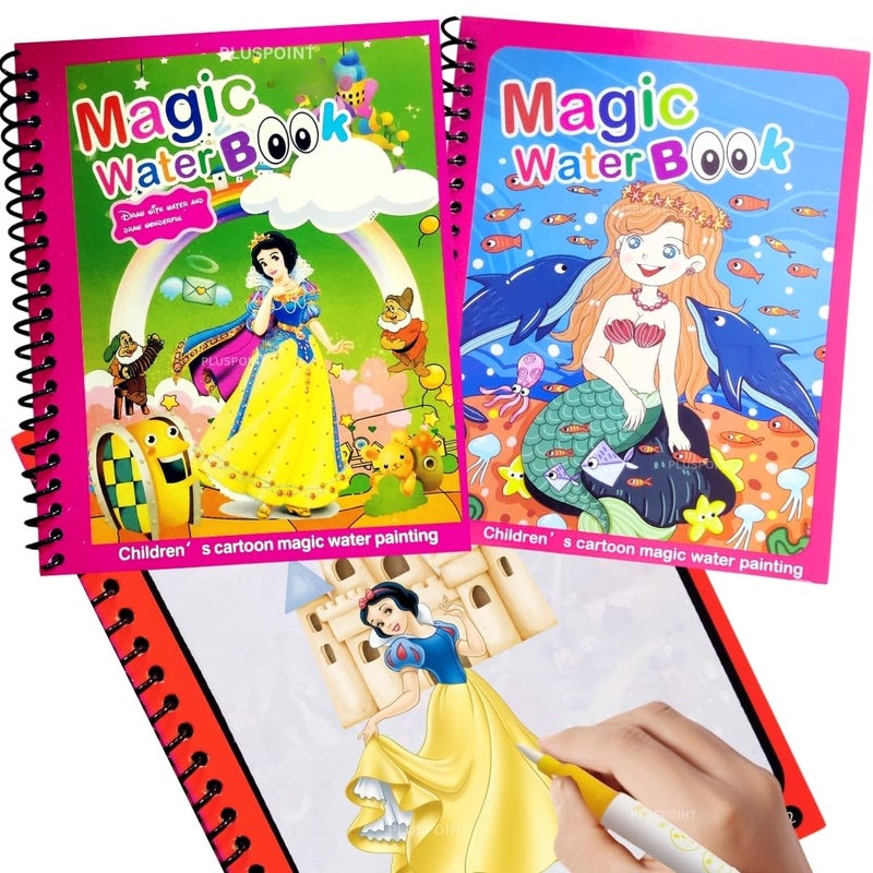 PLUSPOINT كتاب الماء السحري سريع الجفاف - كتاب تلوين قابل لإعادة الاستخدام مع قلم ماء للأطفال - كتاب ممارسة الرسم للأطفال الصغار، هدايا عودة، حفلة عيد ميلاد (للفتيات 2 كتب) - Image 1
