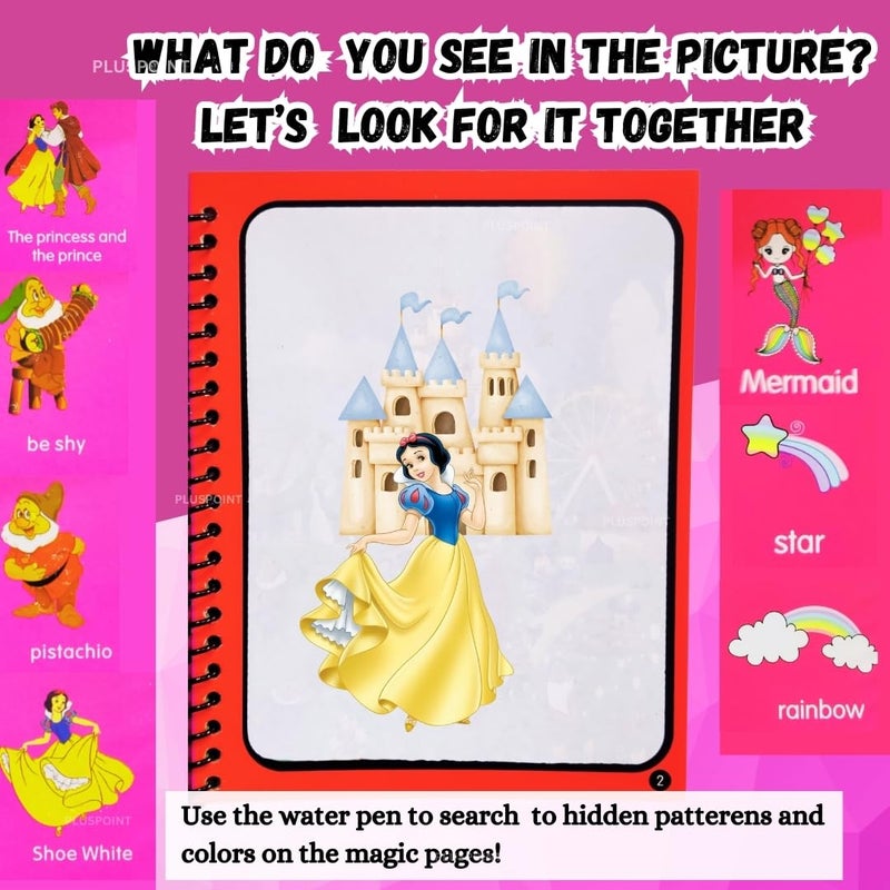 PLUSPOINT كتاب الماء السحري سريع الجفاف - كتاب تلوين قابل لإعادة الاستخدام مع قلم ماء للأطفال - كتاب ممارسة الرسم للأطفال الصغار، هدايا عودة، حفلة عيد ميلاد (للفتيات 2 كتب) - Image 2