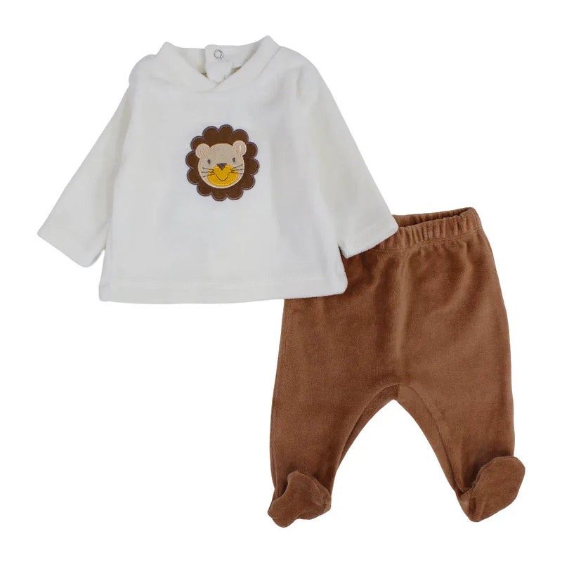 Pompelo Baby Boys Velvet 2-Peice Outfit Set – Off-White/Brown with a Lion Head Design - Image 1