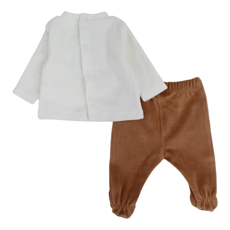 Pompelo Baby Boys Velvet 2-Peice Outfit Set – Off-White/Brown with a Lion Head Design - Image 2
