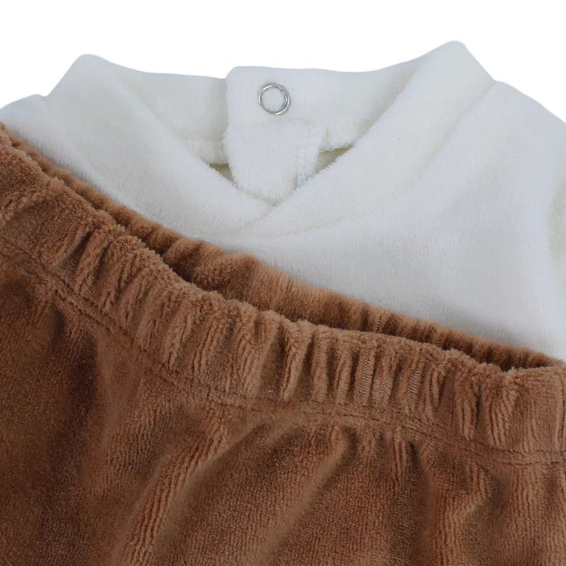 Pompelo Baby Boys Velvet 2-Peice Outfit Set – Off-White/Brown with a Lion Head Design - Image 3