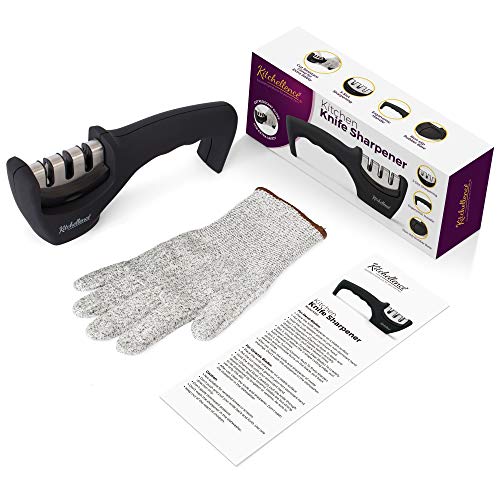 Kitchellence 4-in-1 Kitchen Knife Accessories: 3-Stage Knife Sharpener Helps Repair, Restore, Polish Blades and Cut-Resistant Glove (Black) - Image 4