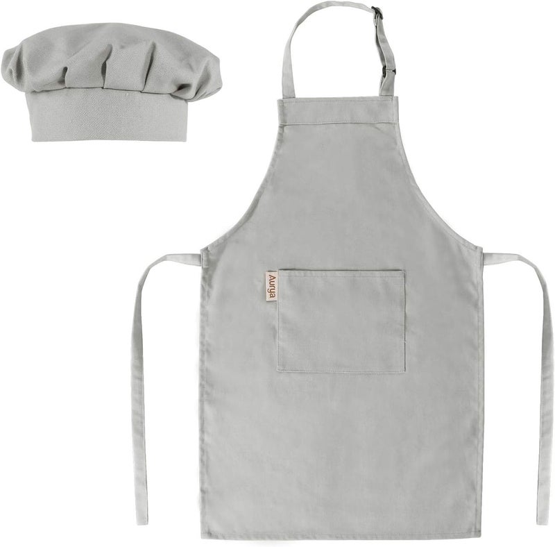 Aurya Kids Apron and Chef Hat Set-Adjustable Child Apron for Boys and Girls for Cooking Baking Light Gray - Image 1