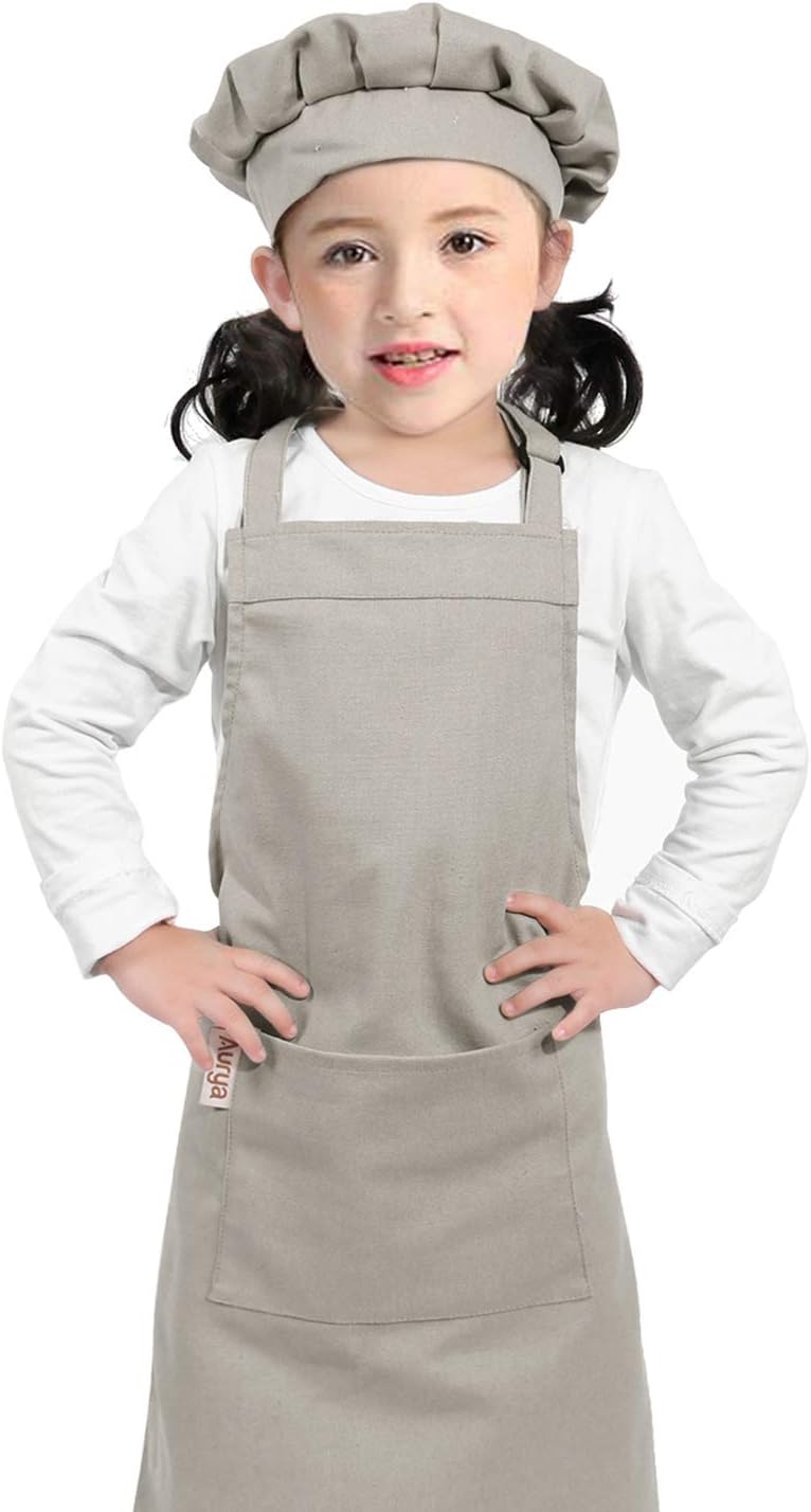 Aurya Kids Apron and Chef Hat Set-Adjustable Child Apron for Boys and Girls for Cooking Baking Light Gray - Image 5