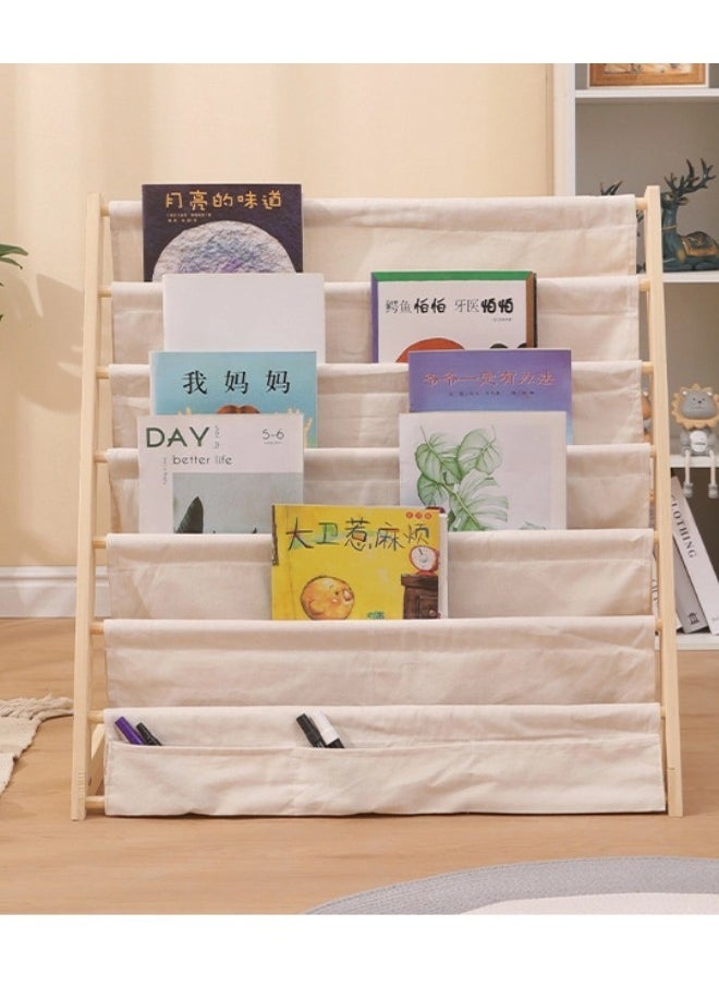 HOOPZOZA - Wooden And Canvas Bookshelf For Kids Book Rack Kids Bookshelf Storage Rack Natural Beige - Image 1