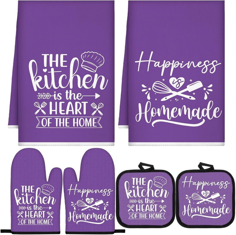 Sratte 6 Pcs Kitchen Decor Accessories Set Farmhouse Towels Pot Holders Oven Mitts Set 2 Dish Towels 2 Potholders 2 Cooking Mittens Oven Glove for Christmas Baking Cooking (Purple,Kitchen) - Image 1