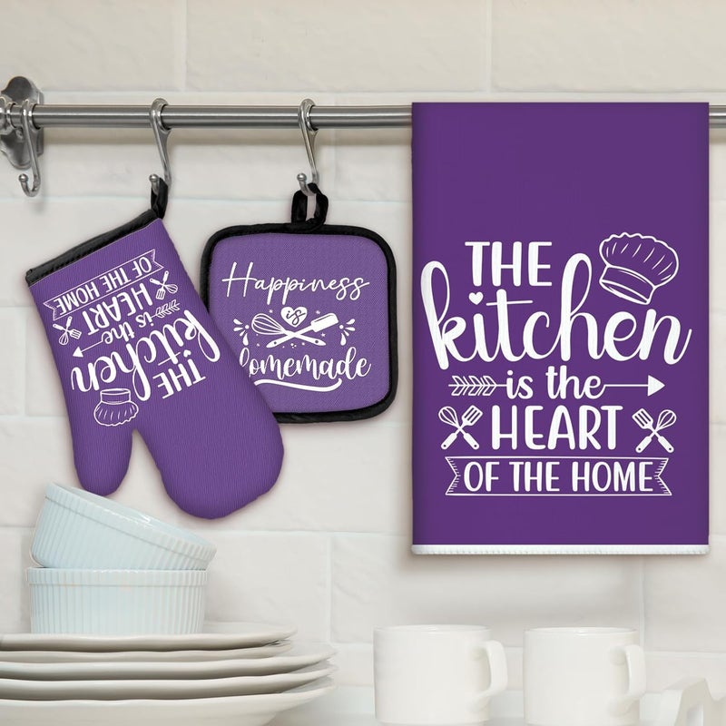 Sratte 6 Pcs Kitchen Decor Accessories Set Farmhouse Towels Pot Holders Oven Mitts Set 2 Dish Towels 2 Potholders 2 Cooking Mittens Oven Glove for Christmas Baking Cooking (Purple,Kitchen) - Image 2