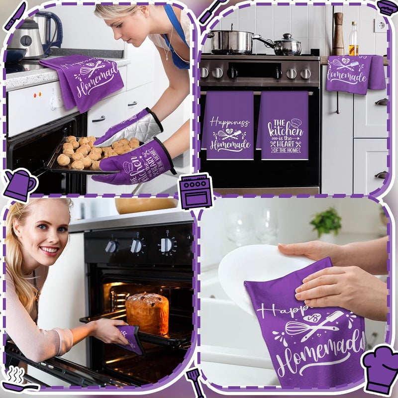 Sratte 6 Pcs Kitchen Decor Accessories Set Farmhouse Towels Pot Holders Oven Mitts Set 2 Dish Towels 2 Potholders 2 Cooking Mittens Oven Glove for Christmas Baking Cooking (Purple,Kitchen) - Image 5