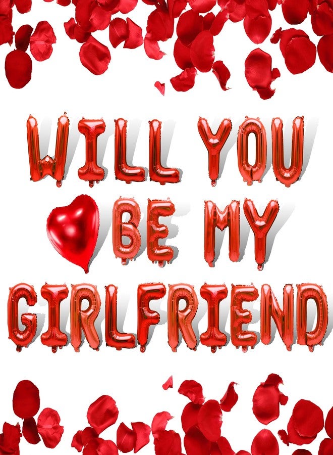 Ohmique Will You Be My Girlfriend Balloons - 16" Red Letter Balloons with 200pcs Artificial Rose Petals & Proposal Banner for Valentine Day Party Decorations - Image 1
