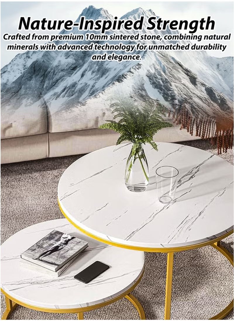 Toshionics 2 Pieces of Modern Round Luxurious Nesting Coffee Table with Sintered-Stone Top and Golden Metal Frame Nordic Minimalist Space-Saving Stackable Design Elegant Center Table for Home Office Living Room Small Apartments Balcony Hotel Spa and Salon Reception Lounge Areas  - Image 2