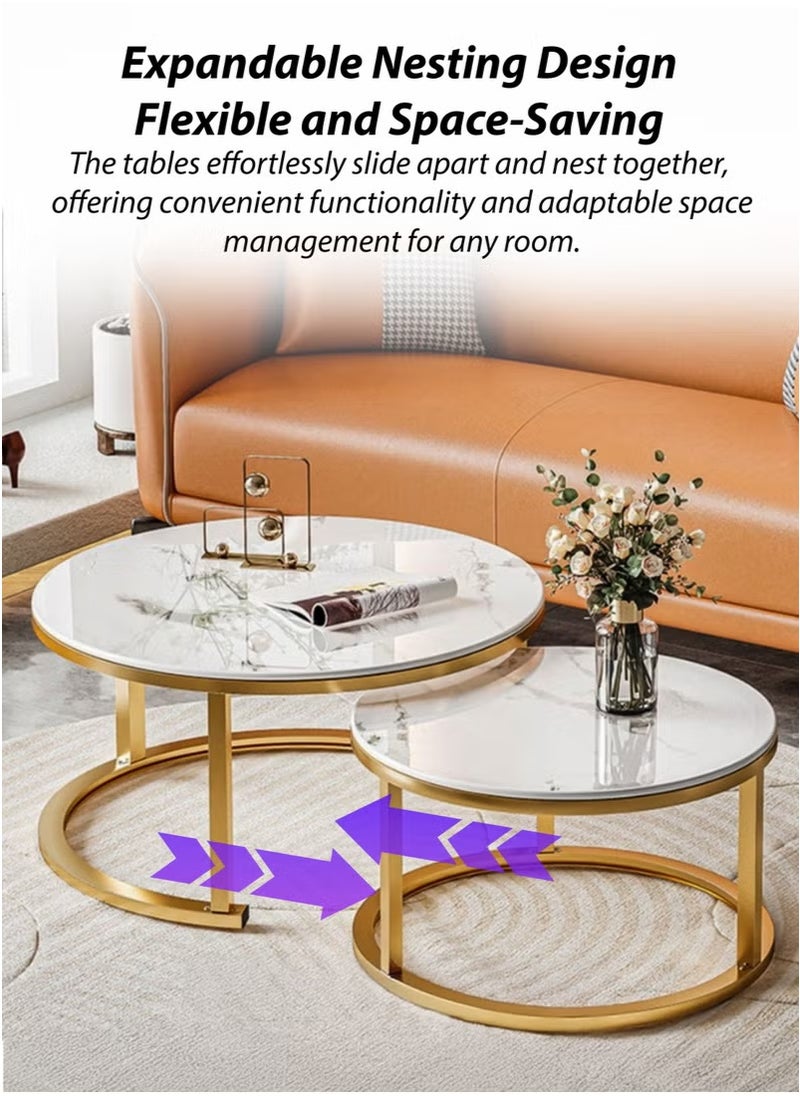 Toshionics 2 Pieces of Modern Round Luxurious Nesting Coffee Table with Sintered-Stone Top and Golden Metal Frame Nordic Minimalist Space-Saving Stackable Design Elegant Center Table for Home Office Living Room Small Apartments Balcony Hotel Spa and Salon Reception Lounge Areas  - Image 3