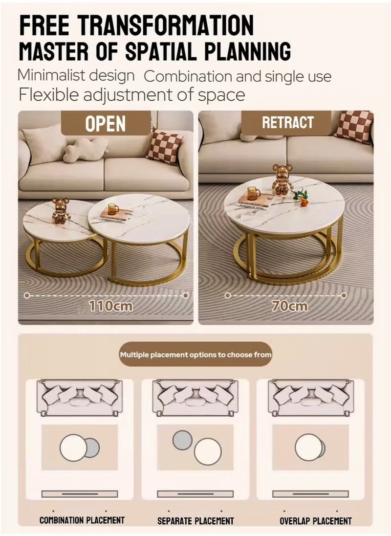 Toshionics 2 Pieces of Modern Round Luxurious Nesting Coffee Table with Sintered-Stone Top and Golden Metal Frame Nordic Minimalist Space-Saving Stackable Design Elegant Center Table for Home Office Living Room Small Apartments Balcony Hotel Spa and Salon Reception Lounge Areas  - Image 5