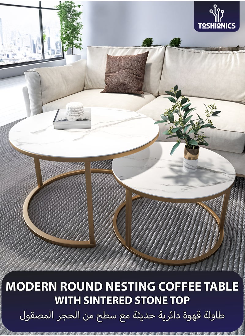 Toshionics 2 Pieces of Modern Round Luxurious Nesting Coffee Table with Sintered-Stone Top and Golden Metal Frame Nordic Minimalist Space-Saving Stackable Design Elegant Center Table for Home Office Living Room Small Apartments Balcony Hotel Spa and Salon Reception Lounge Areas  - Image 1