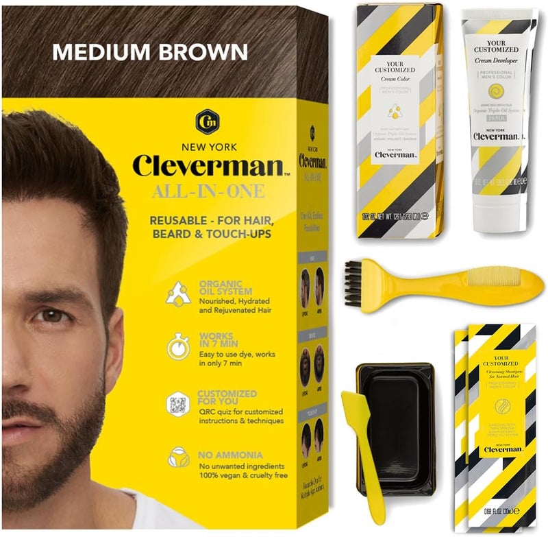 Cleverman Medium Brown Hair & Beard Dye for Men, All-in-One Reusable Kit - Mens Color For Natural-Looking Gray Coverage, Professional-Quality and Ammonia-Free for Hair, Beard & Gray Mustache - Image 1