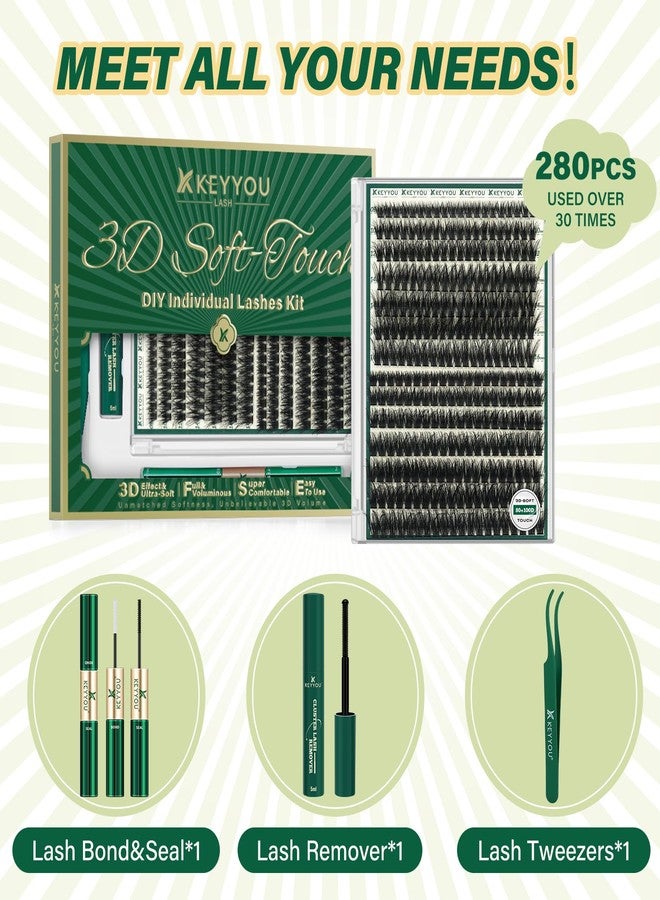 KEYYOU LASH 3D Effect lash Clusters Kit 80D100D 280pcs Eyelash Clusters Kit D Curl Individual Lashes Kit Wispy Lash Extensions Kit with Waterproof Lash Bond and Seal Tweezers (Lash Kit-8-16MIX) - Image 5