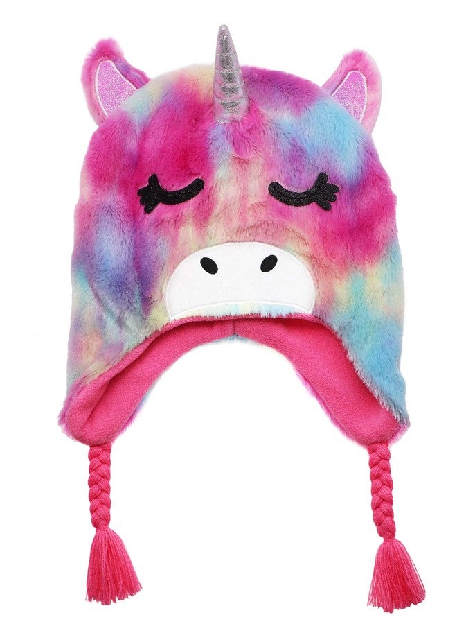 Newfancy Kids Little Girls Unicorn Beanie Winter Hat Rainbow Faux Fur Plush Fleece Lined Earflap Cap Pink - Image 1