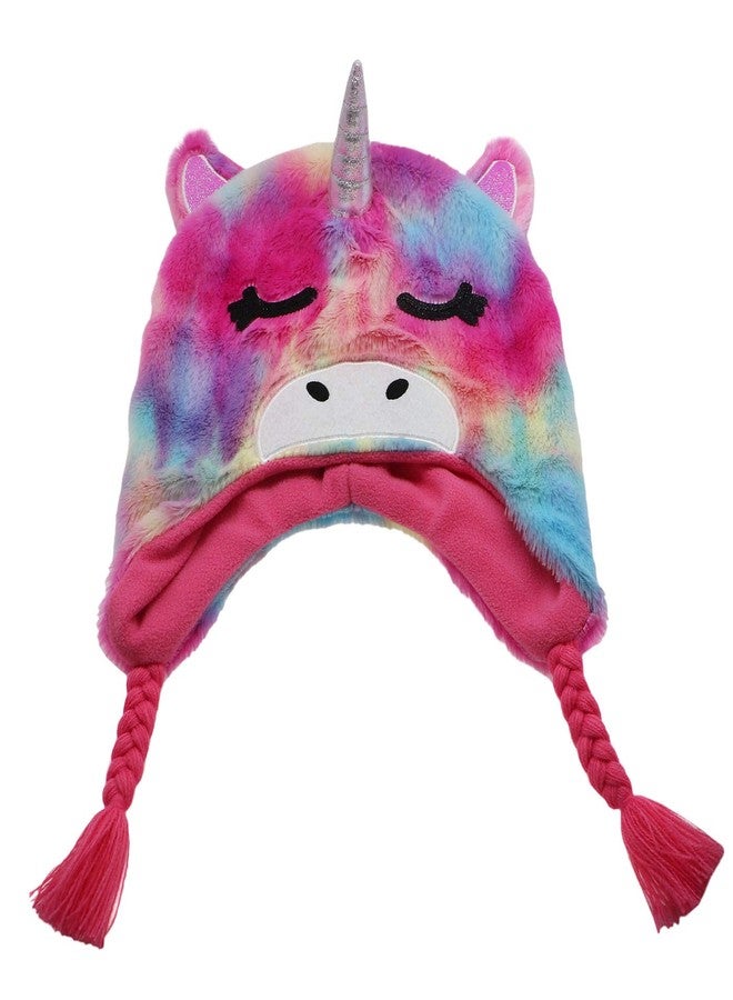 Newfancy Kids Little Girls Unicorn Beanie Winter Hat Rainbow Faux Fur Plush Fleece Lined Earflap Cap Pink - Image 3