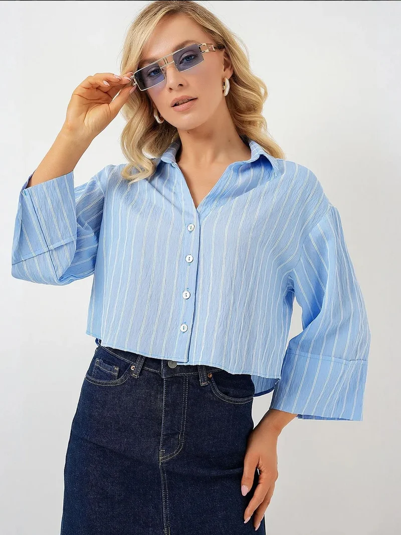 بيغ دارت قميص قصير مخطط كبير الحجم بأزرار