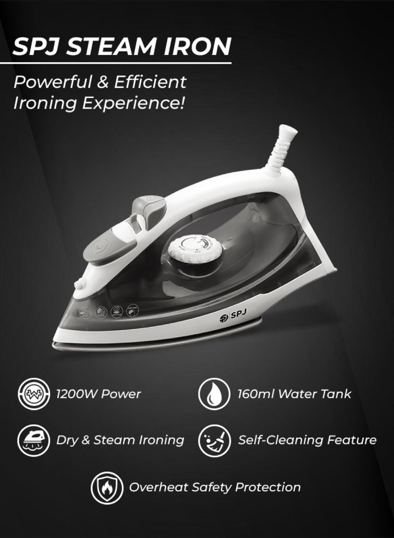SPJ 1200W Steam Iron with 160ml Water Tank, Spray & Steam Function, Burst Steam, Self-Clean & Overheat Protection – Black - Image 2