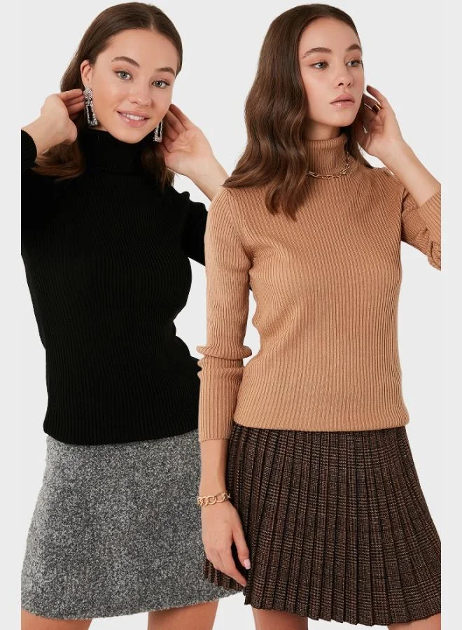 ليلا كنزة نسائية بياقة مدورة ناعمة من الأكريليك قطعتين