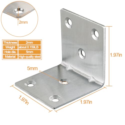 LOSYHU 20PCS L Brackets Corner Bracket 2"x2"x2", Heavy Duty Corner Brace for Wood, Right Angle Brackets, 50MM 2Inch Wide 90 Degree Bracket for Wooden Frame Furniture Shelves Chairs - Image 2