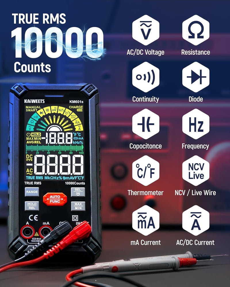 KAIWEETS Multimeter Tester 10000 Counts TRMS Rechargeable Smart Digital Multimeter with Auto Ranging Voltmeter Measures Voltage Current Resistance Continuity DutyCycle Capacitance Frequency - Image 3