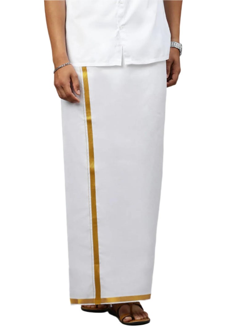 RAMRAJ COTTON رامراج قطن رجال دوتي أبيض بحدود ذهبية جاهز طبقة واحدة جينكس - Image 1