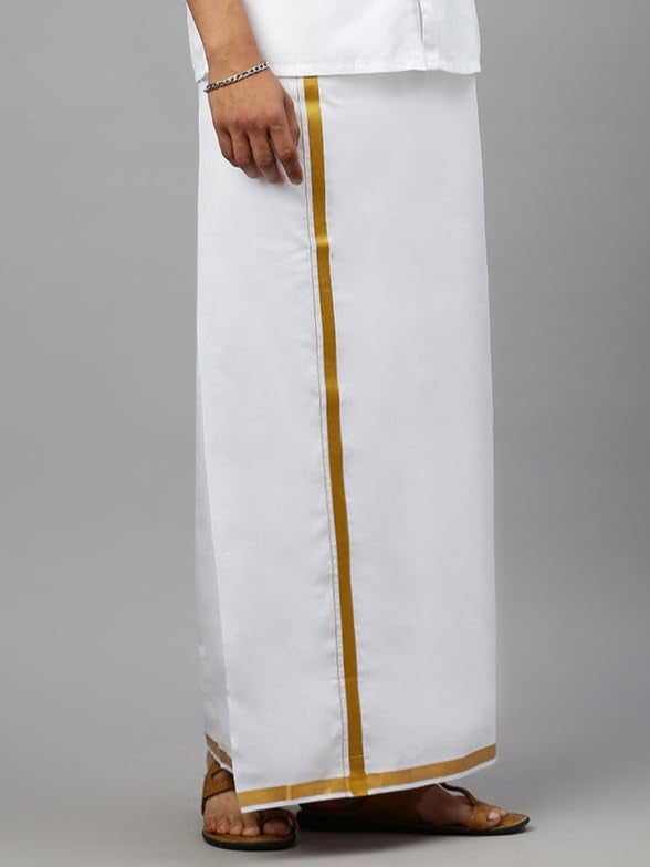 RAMRAJ COTTON رامراج قطن رجال دوتي أبيض بحدود ذهبية جاهز طبقة واحدة جينكس - Image 2