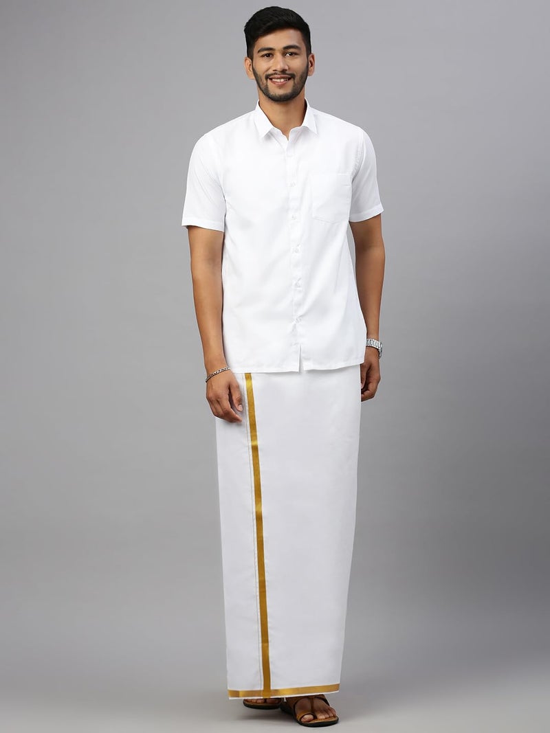RAMRAJ COTTON رامراج قطن رجال دوتي أبيض بحدود ذهبية جاهز طبقة واحدة جينكس - Image 5