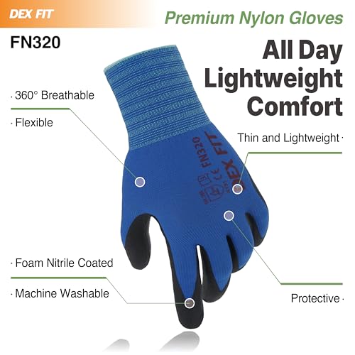DEX FIT Nylon Work Gloves FN320, 3D Comfort Fit, Power Grip, Lightweight, Touchscreen for Men & Women, Breathable & Flexible for Yard Work DIY Mechanic Warehouse; Blue 10 (XS) - Image 4