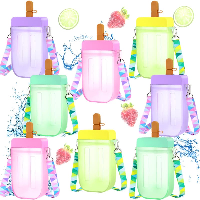 Patelai 8 Pcs Cute Water Bottles with Straw Kawaii Watermelon Ice Cream Cups Leak Proof Drinking Bottles with Adjustable Shoulder Strap for Sports Travel CampingClassic Style