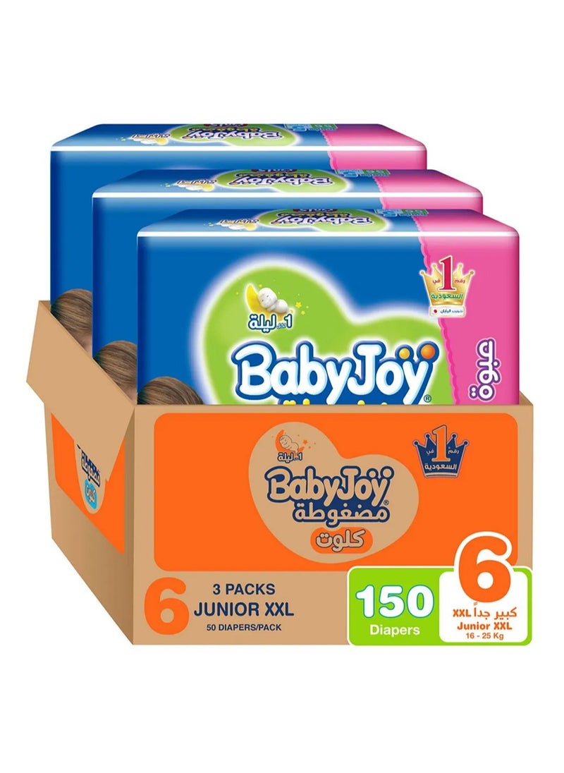 Baby Joy BabyJoy Compressed Culotte Pant Style Diapers, 150 Pieces, Size 6 Junior XXL, 16-25kg, 12 Hours Leakproof Protection, Soft Cotton Touch, Wide Barriers 