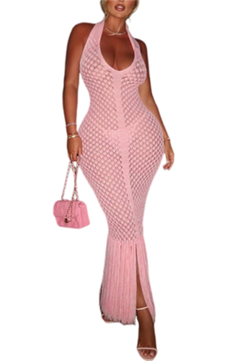 Uni Clau Womens Crochet Bodycon Maxi Dress Sexy Halter Backless Knit Fringe Party Club Long Dress Summer Beach Vacation Cover Up Pink - Image 1