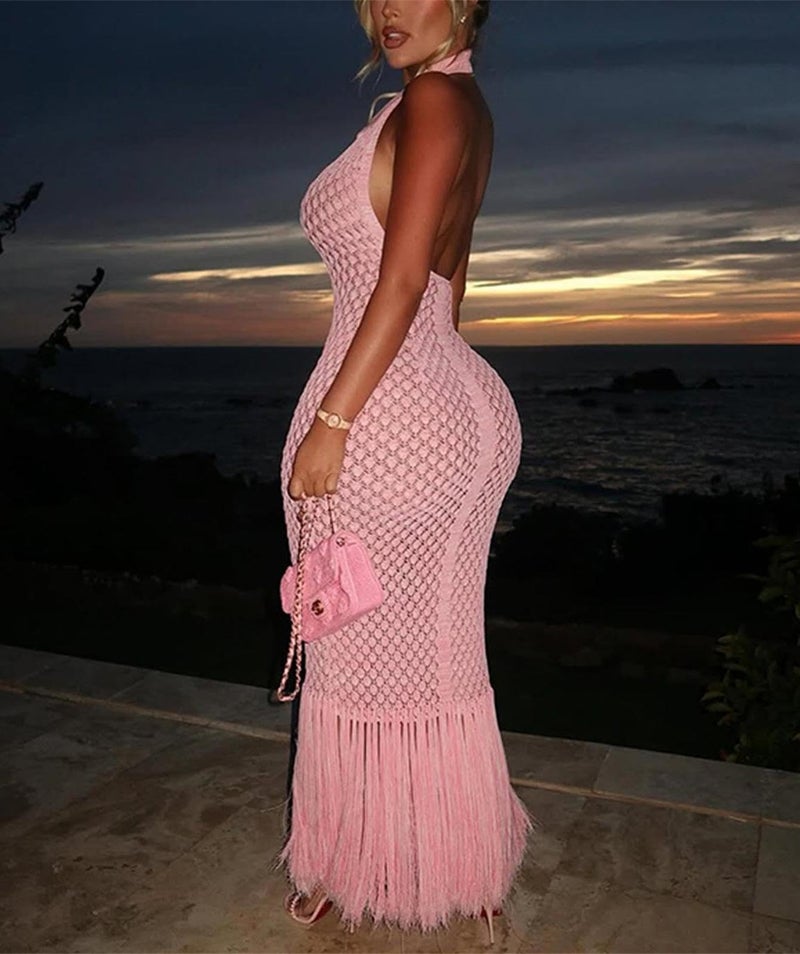 Uni Clau Womens Crochet Bodycon Maxi Dress Sexy Halter Backless Knit Fringe Party Club Long Dress Summer Beach Vacation Cover Up Pink - Image 3
