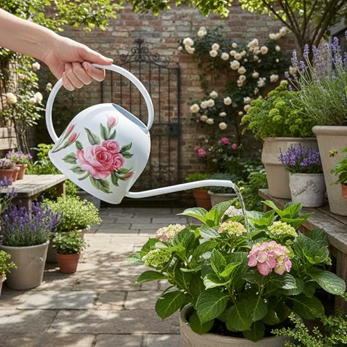 MOYEE Small White Metal Long Spout Watering Can Outdoor Indoor Spray Bottle for Plants Hand Drawn Patterns,1/2 Gallon Plant Mister Durable Metal Structure Lawn Garden Watering Equipment - Image 3