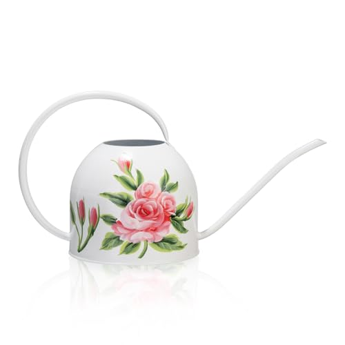 MOYEE Small White Metal Long Spout Watering Can Outdoor Indoor Spray Bottle for Plants Hand Drawn Patterns,1/2 Gallon Plant Mister Durable Metal Structure Lawn Garden Watering Equipment - Image 1